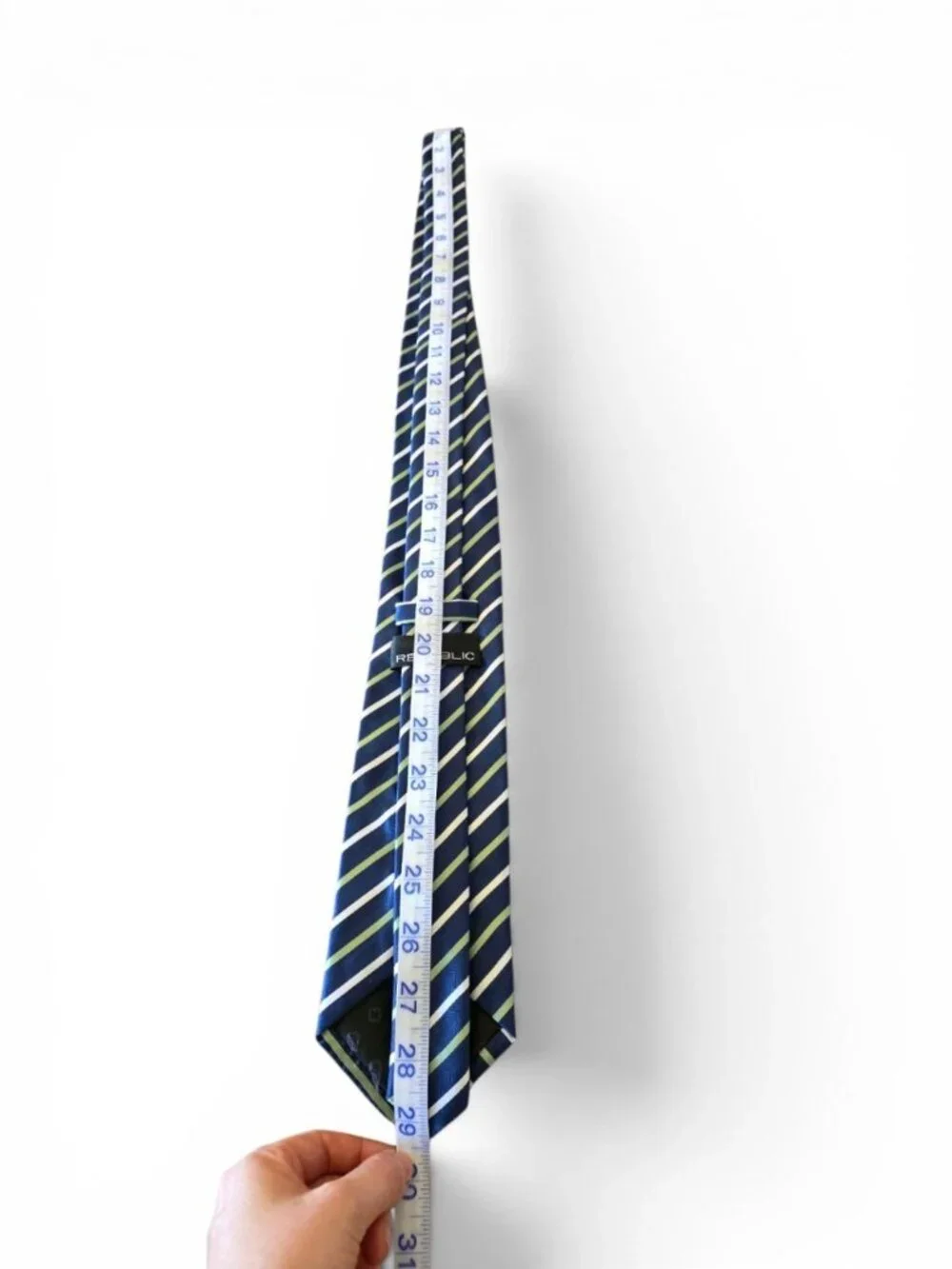Republic Mens Necktie Navy Blue Green White Stripe Herringbone Woven Classic